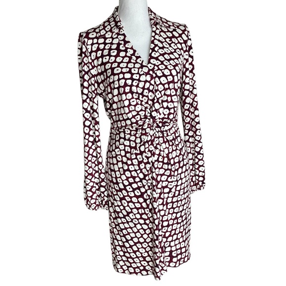 Diane Von Furstenberg Burgundy & White Printed Twist Waist Dress Medium - Picture 6 of 12